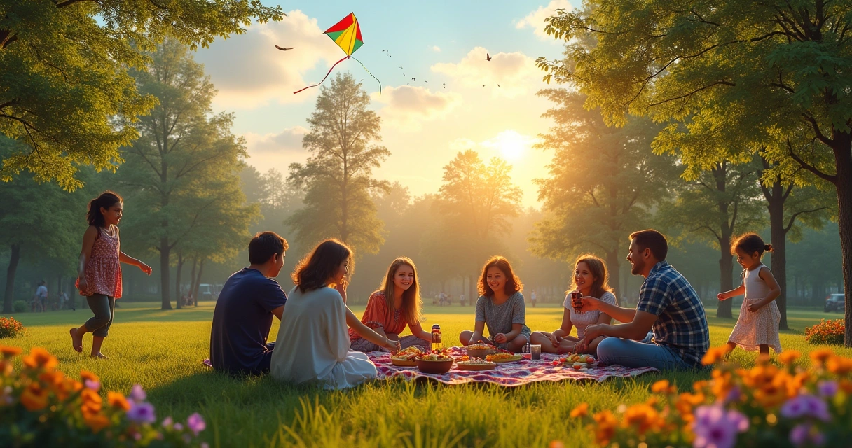 Grupo de amigos e familiares compartilham um piquenique ao ar livre em um parque iluminado pelo sol.