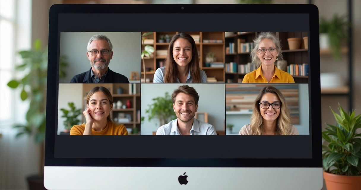 Pessoas em reunião virtual em círculo na tela do computador 