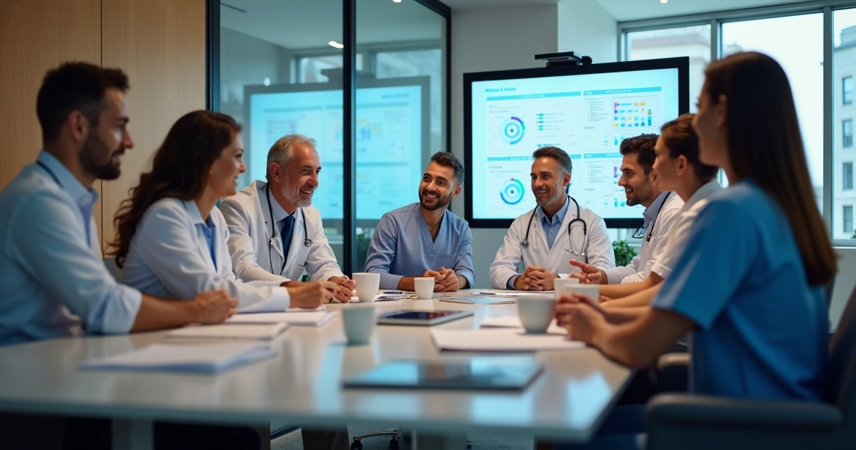 Equipe médica reunida avaliando feedbacks de pacientes em ambiente de trabalho colaborativo 
