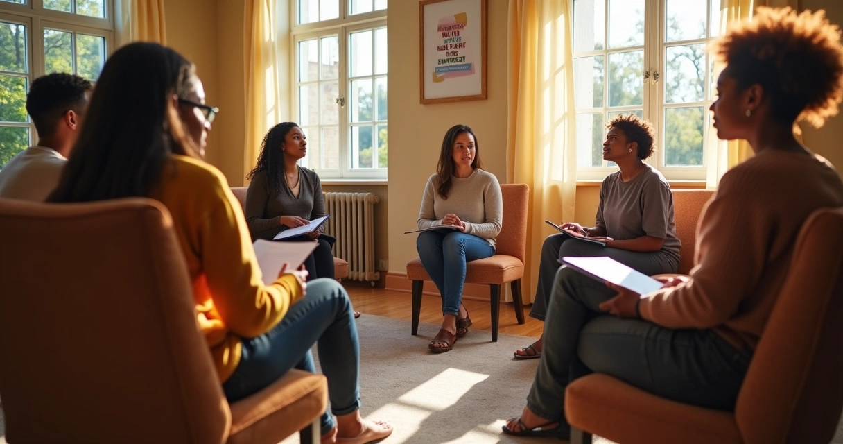 Grupo de pessoas sentadas em círculo em sala iluminada, discutindo e refletindo 