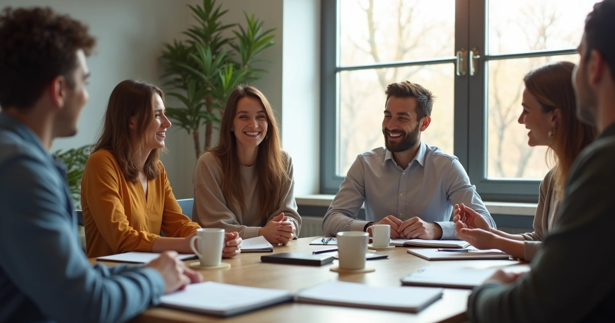 Equipe reunida em círculo, dialogando de modo respeitoso e colaborativo 