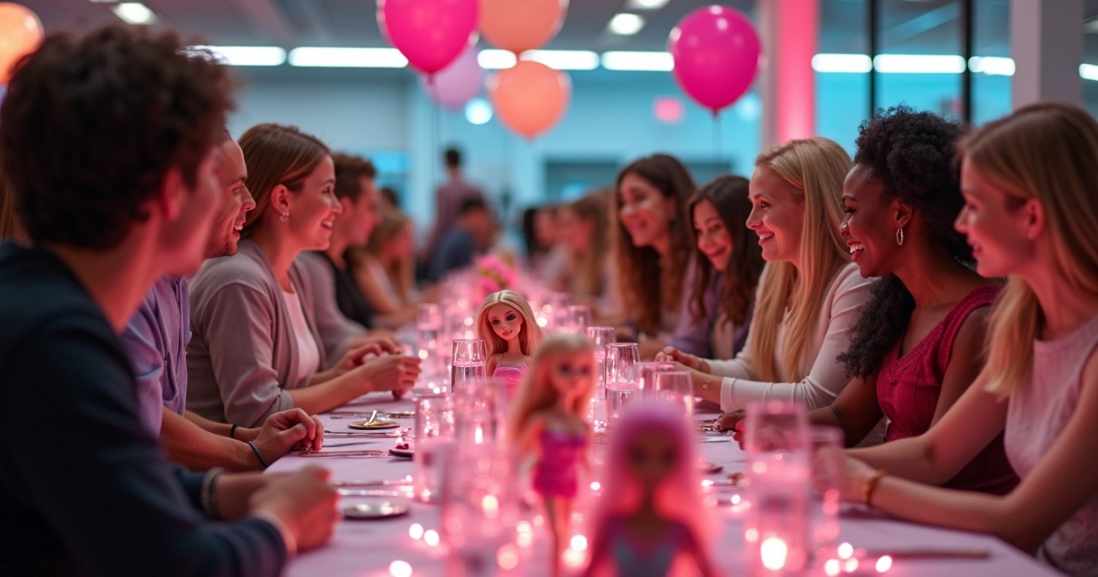 Grupo de pessoas sorrindo em evento de colecionadores de Barbie, com bonecas expostas em mesas 