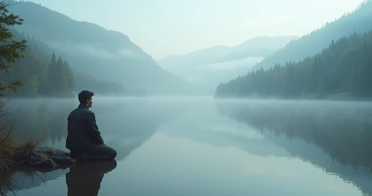 Pessoa olhando o próprio reflexo na água com expressão serena 
