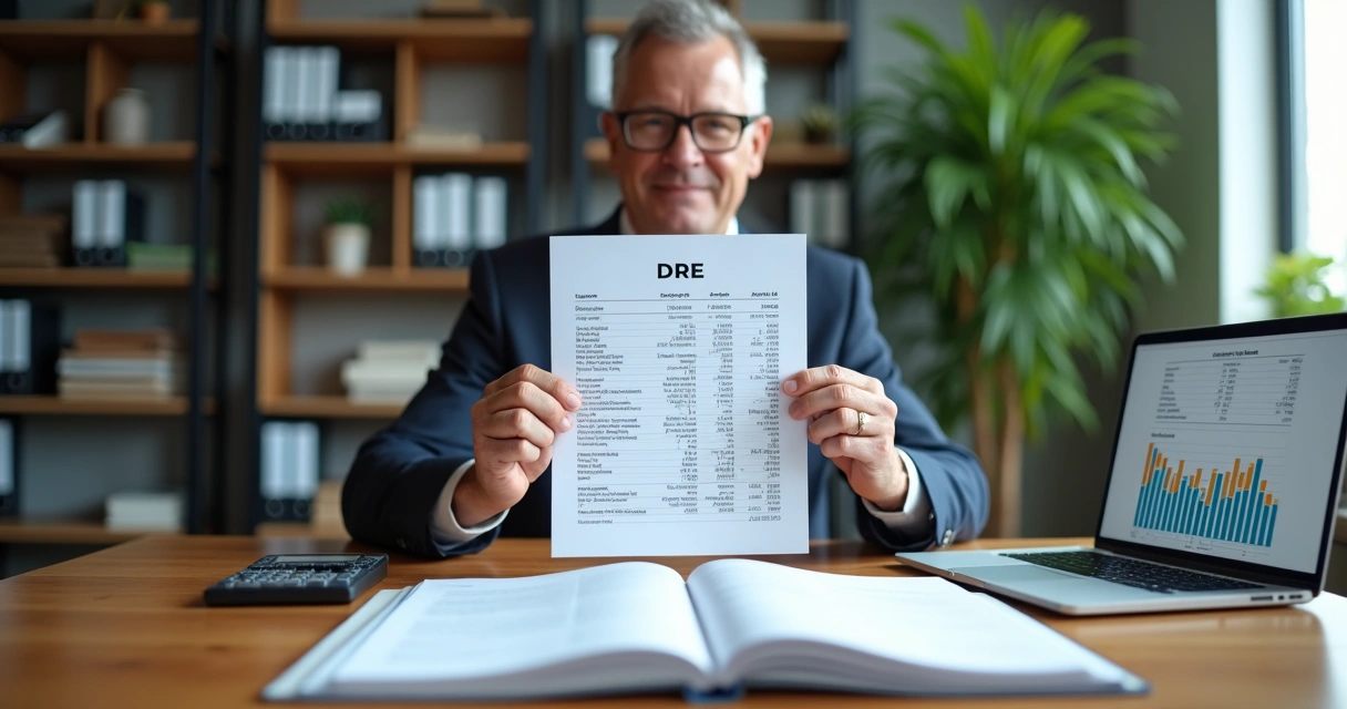 Empresário segurando relatório DRE impresso na mesa de escritório 