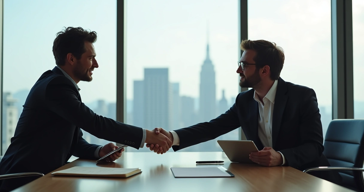Executivos cumprimentando-se em uma sala de reuniões. 