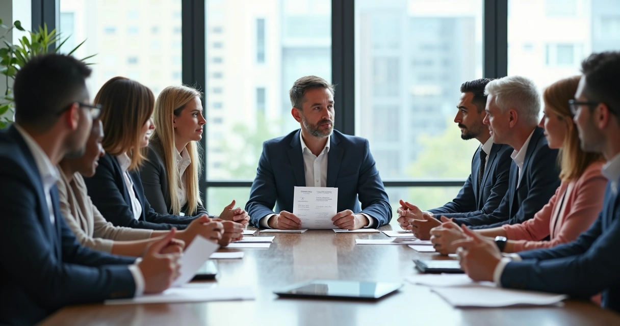 Reunião de comitê de ética empresarial com pessoas debatendo em círculo 