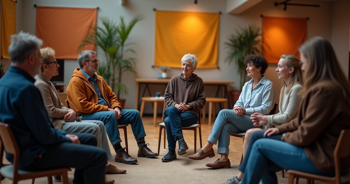 Encontro de comunidade sentada em círculo trocando ideias 