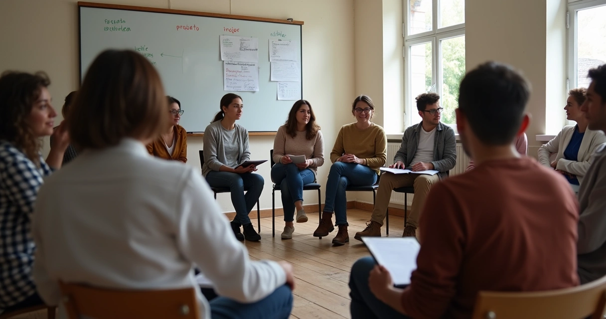 Pessoas sentadas em círculo discutindo ideias em uma sala comunitária 