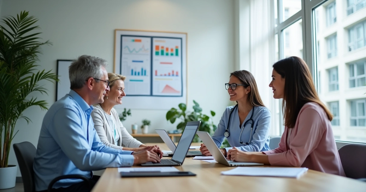 Reunião entre contador e profissionais da saúde analisando mudanças tributárias 