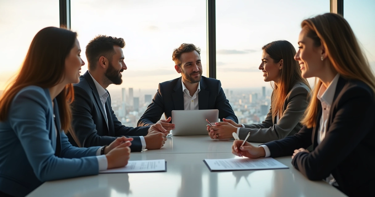Grupo de corretores em reunião de negócios, discutindo estratégias e networking 