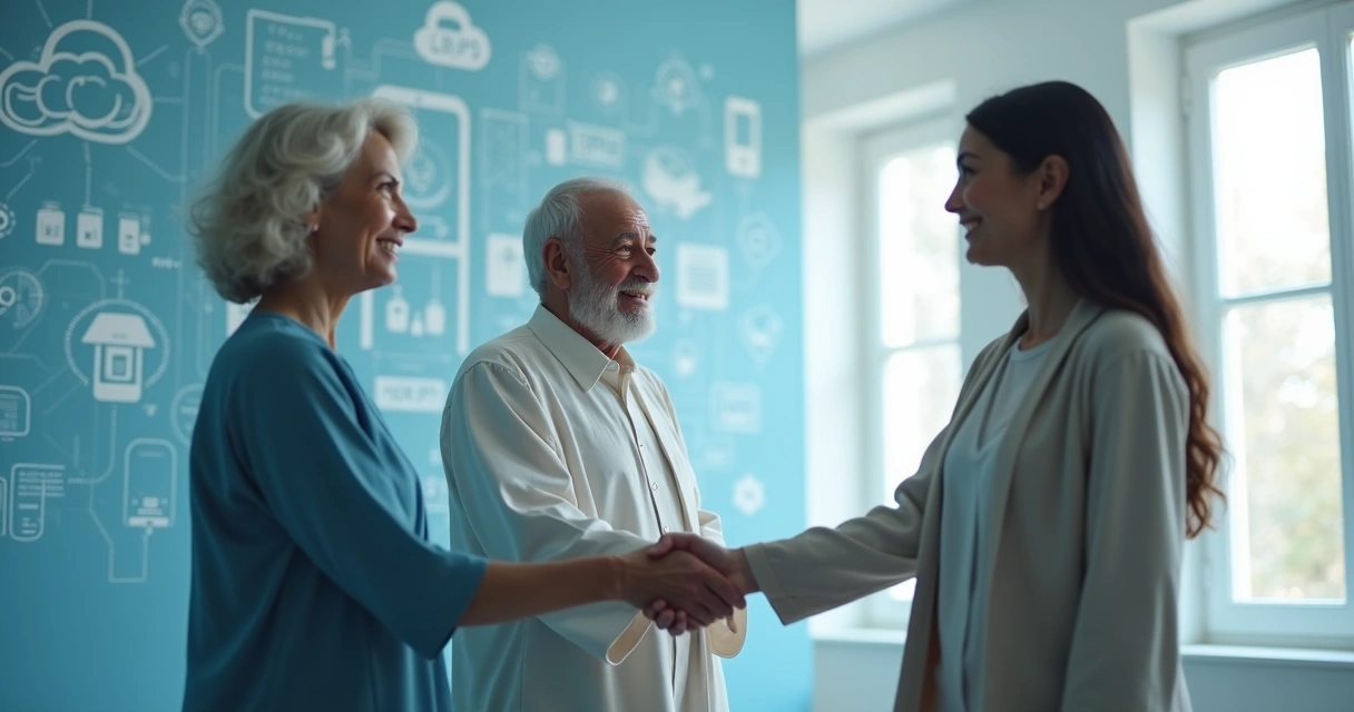 Cristão cumprimentando idoso e jovem em ambiente digital com símbolos de tecnologia ao fundo 