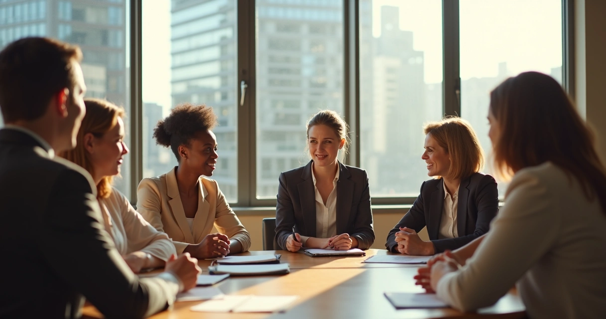 Reunião de pessoas de diferentes etnias em ambiente corporativo