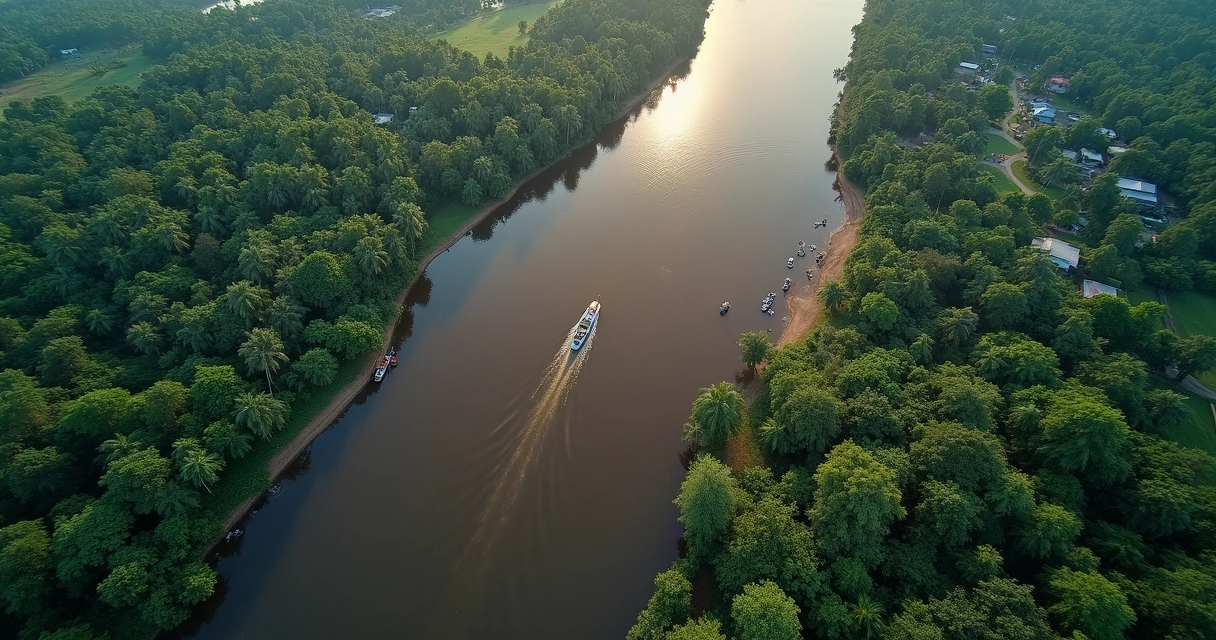 Encontro das águas no Amazonas com barcos e floresta densa ao fundo