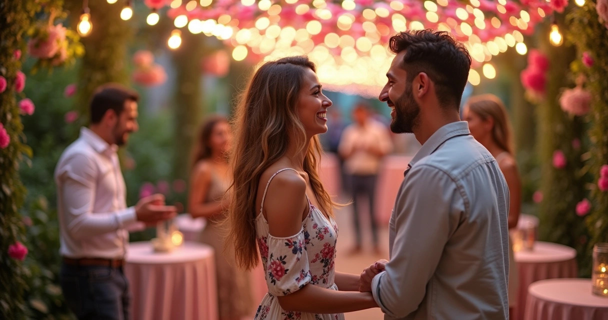 Casal se divertindo sob luzes no evento, compartilhando risos. Rosa flutua ao redor, simbolizando amor e conexão.