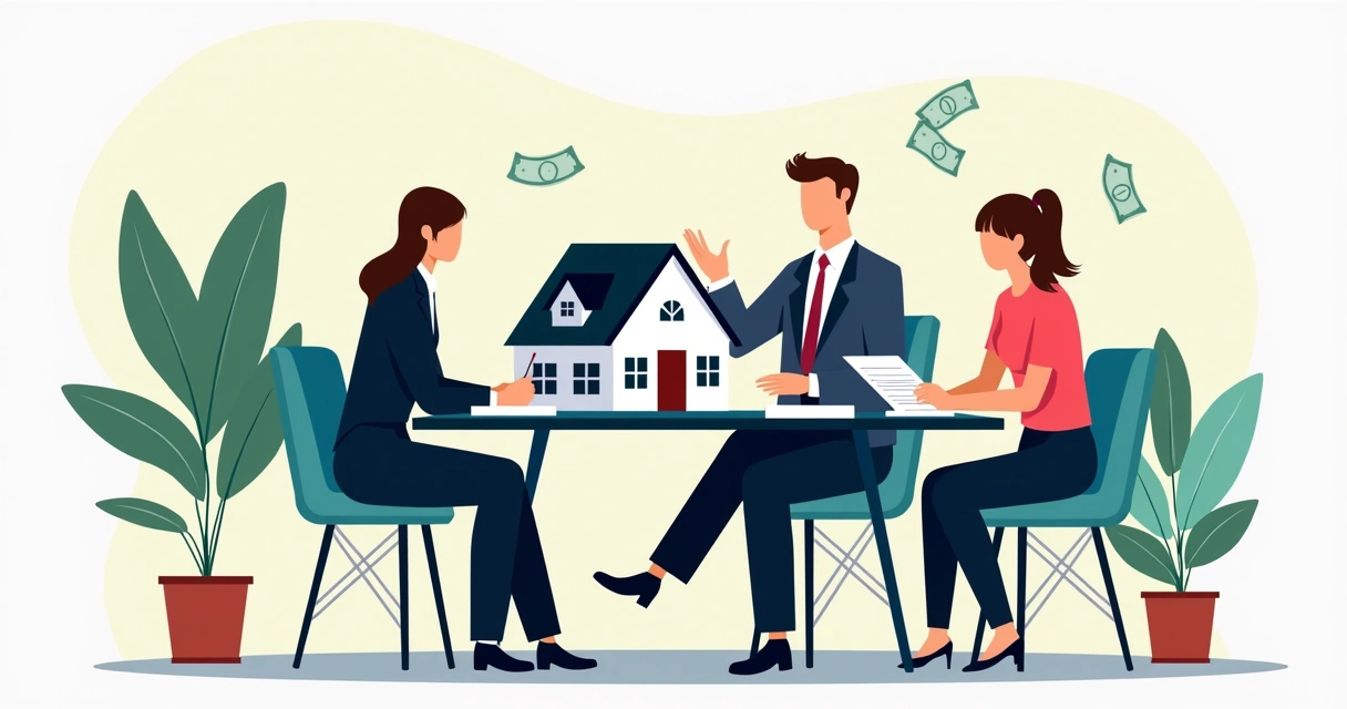 Meeting table with house model, people analyzing financing documents in the USA