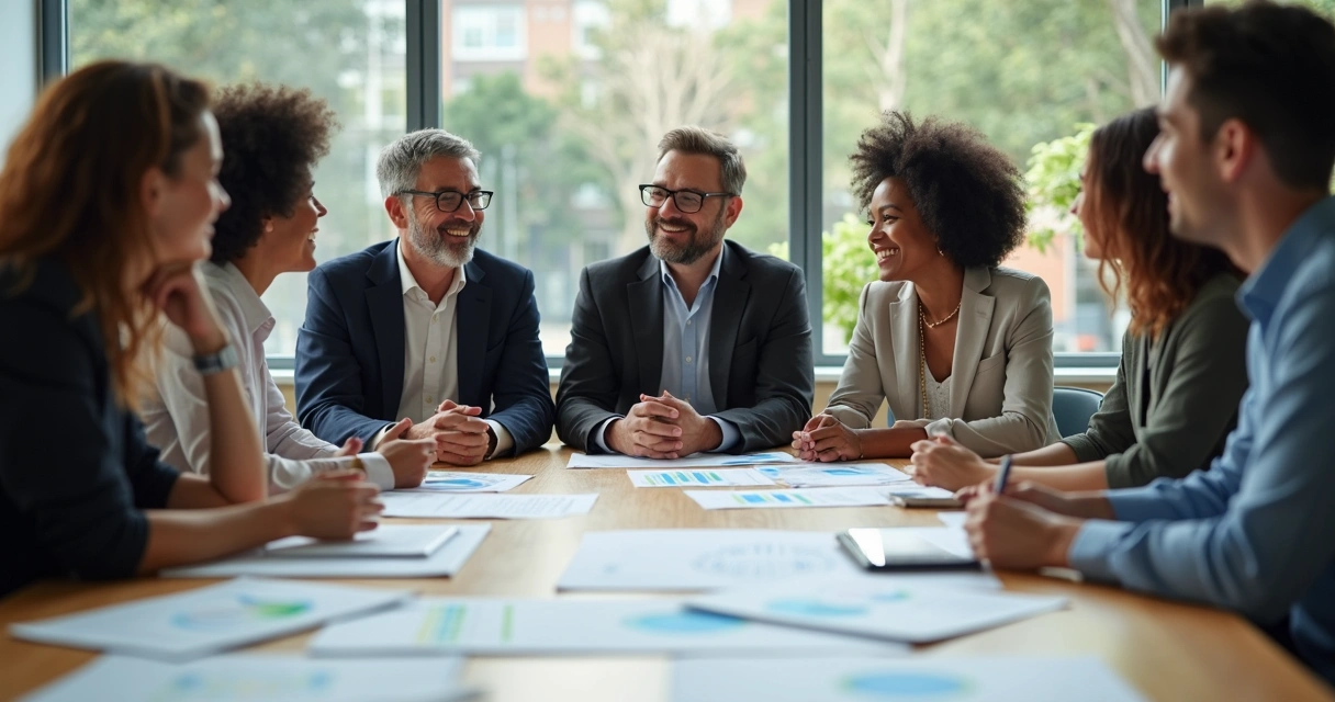 Equipe diversa em reunião debatendo valores éticos 