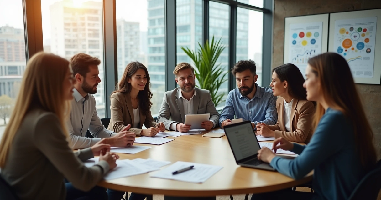 Equipe reunida em escritório moderno, discutindo ideias em volta de uma mesa 