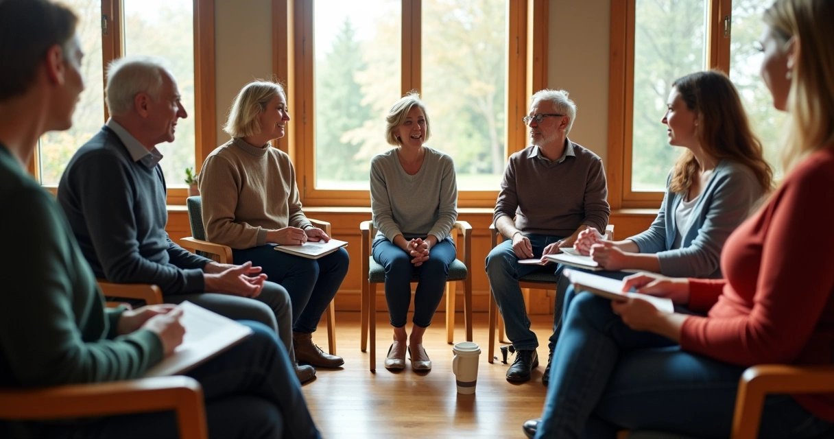 Grupo de pessoas sentadas em roda em ambiente iluminado 