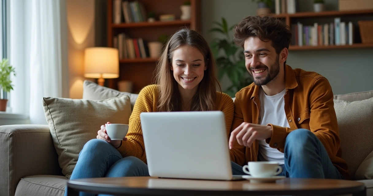 Duas pessoas conversando em uma sala iluminada e analisando um anúncio de quarto para alugar em um notebook 