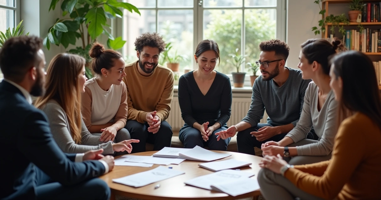 Pessoas em círculo debatendo decisões em um ambiente colaborativo 