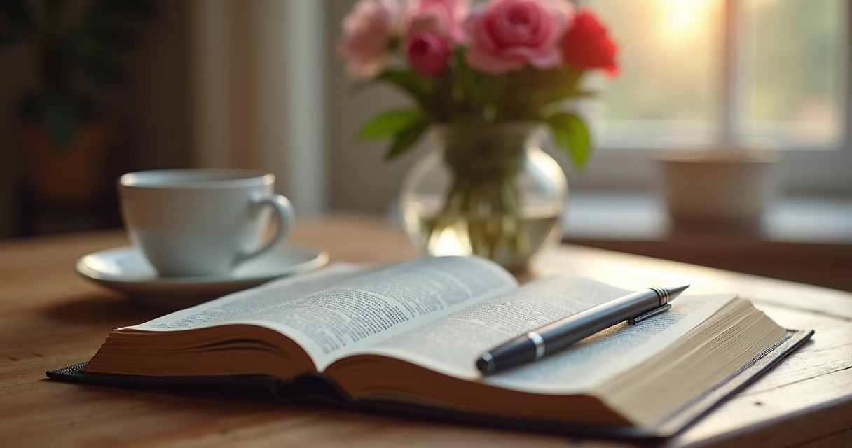 Mesa com Bíblia, caderno de anotações e caneca de café
