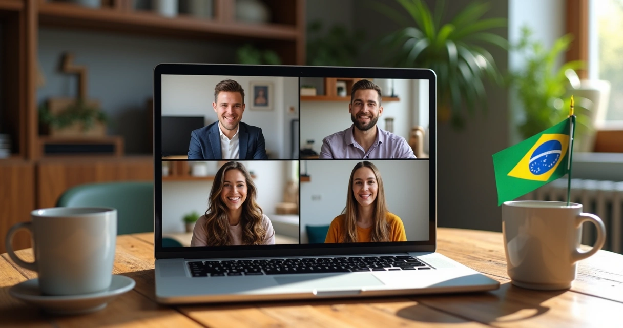 Brasileiros reunidos em sala virtual no laptop 