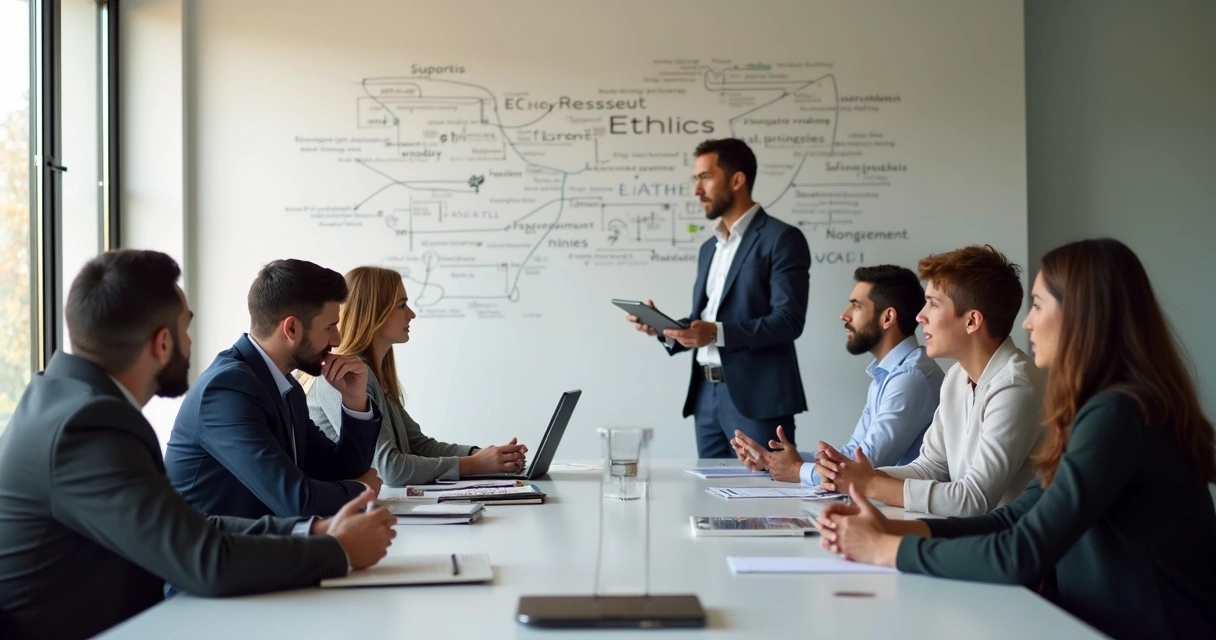 Grupo discutindo dilemas éticos em sala de reunião 