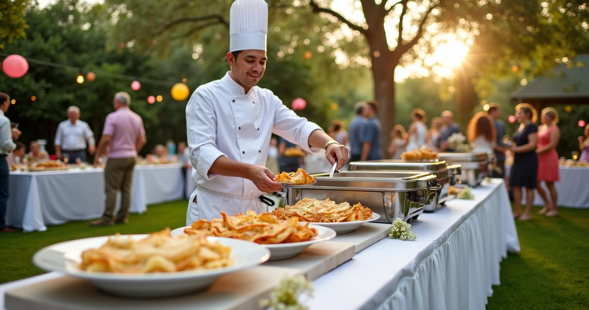 Evento de catering da Divina’s Crepe em jardim de Orlando, com chef preparando crepes ao vivo 