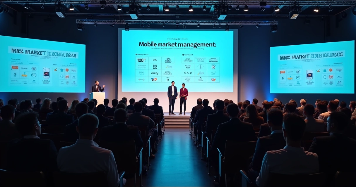 Auditório com público acompanhando palestra sobre mercado mobile 