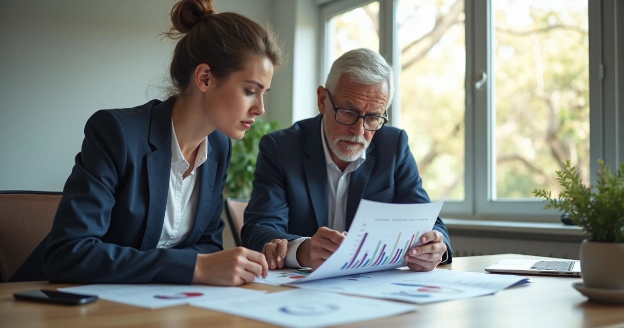 Jovem e sênior analisando gráficos juntos 