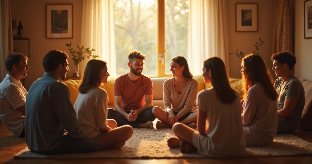 Grupo de pessoas conversando em círculo, demonstrando abertura e empatia.