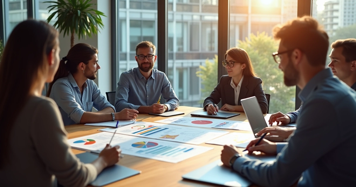 Grupo de empresários reunidos em mesa de reunião analisando gráficos e documentos de planejamento tributário em ambiente iluminado por janelas amplas 