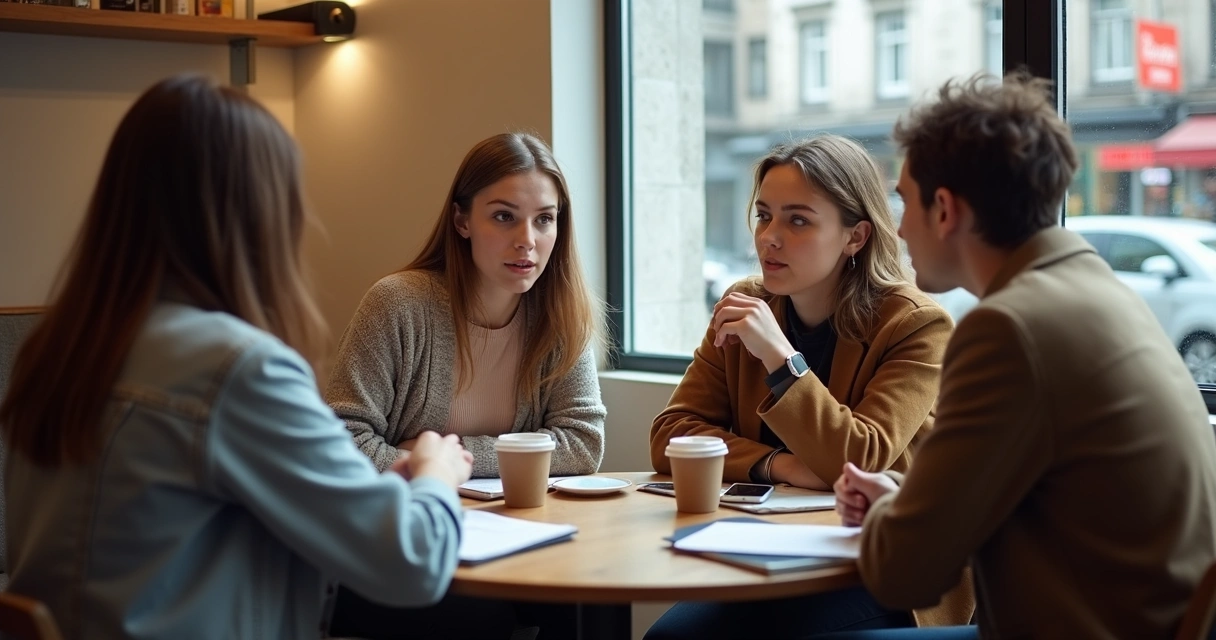 Grupo conversando em mesa de café