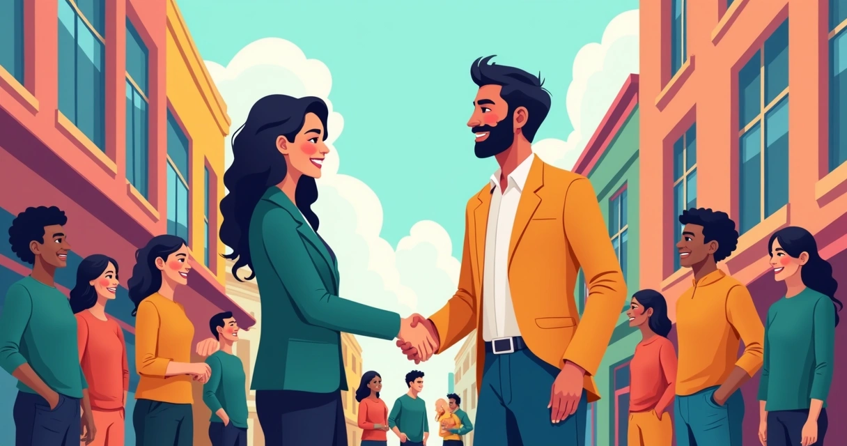Político apertando a mão de um influenciador local em ambiente urbano