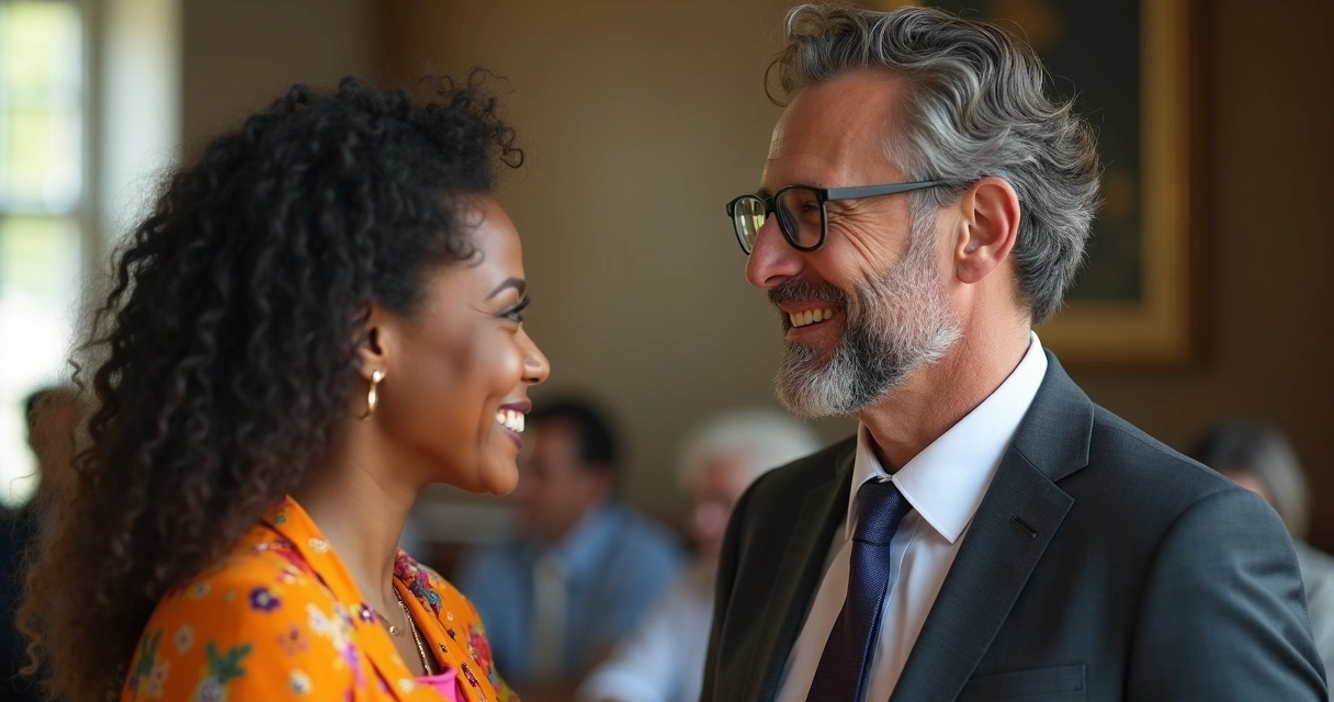 Duas pessoas frente a frente, uma com roupas vibrantes e outra com roupa formal, ambas sorrindo em ambiente de convivência