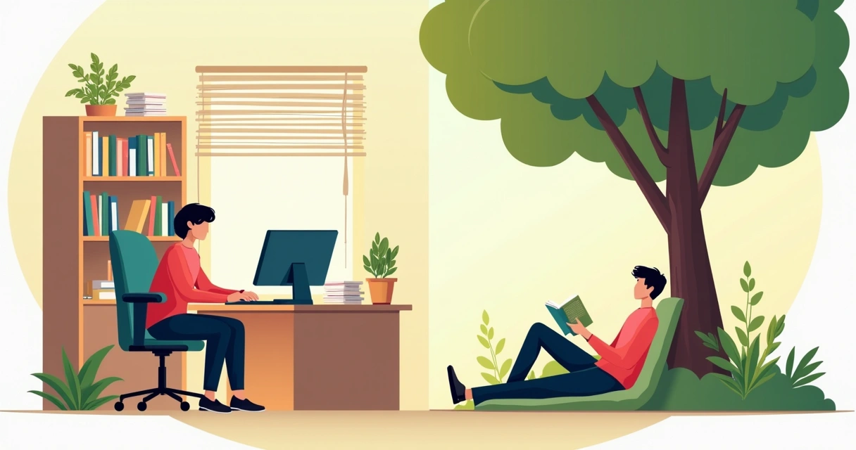 Pessoa de um lado em ambiente de escritório, do outro lado em momento de lazer na natureza.