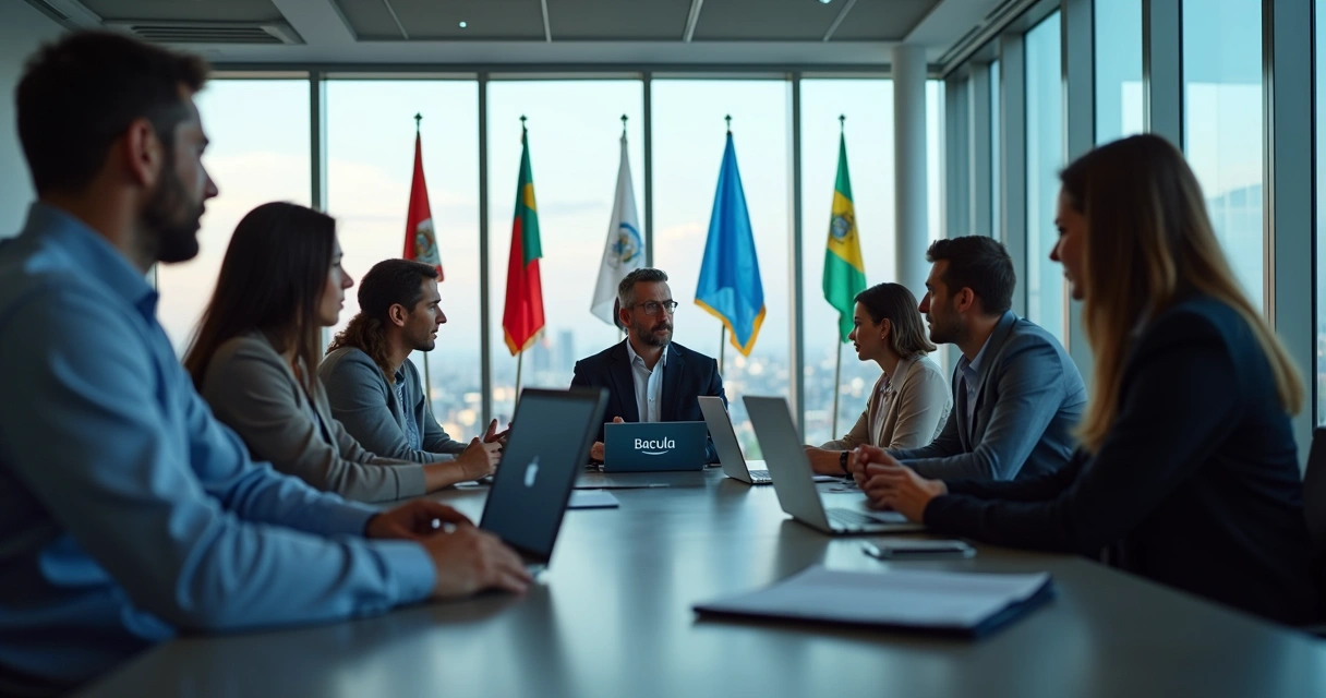 Equipe reunida ao redor de computadores durante reunião técnica 