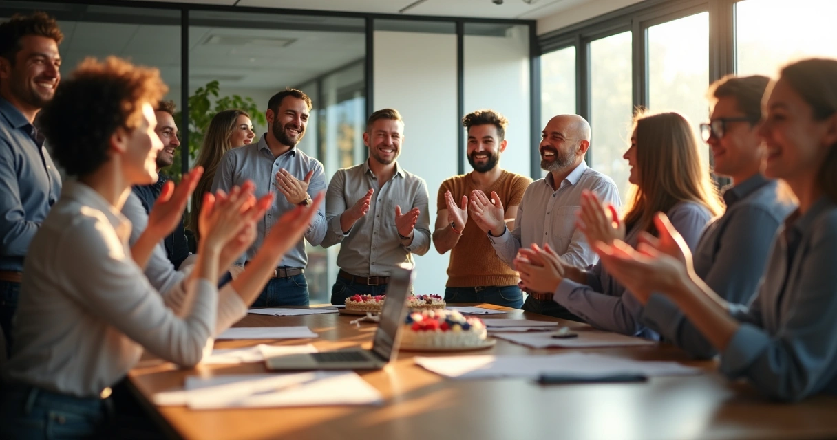 Equipe de trabalho celebrando juntos em uma sala de reunião 