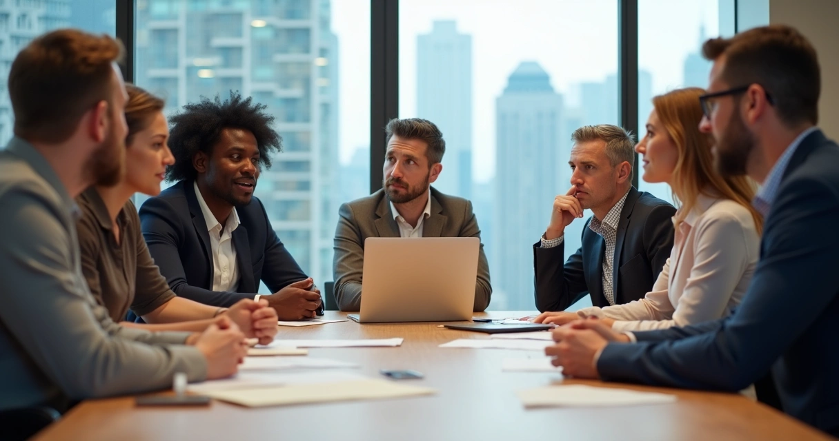 Equipe reunida em sala de reuniões durante mudança organizacional, rostos atentos 