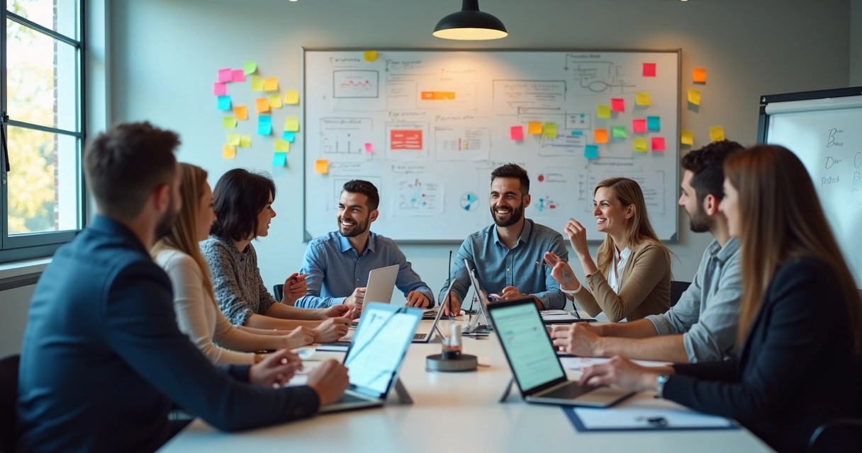 Inbound Marketing para SaaS B2B: Guia de Estratégias Práticas 2 Equipe de marketing SaaS debatendo estratégia em sala moderna