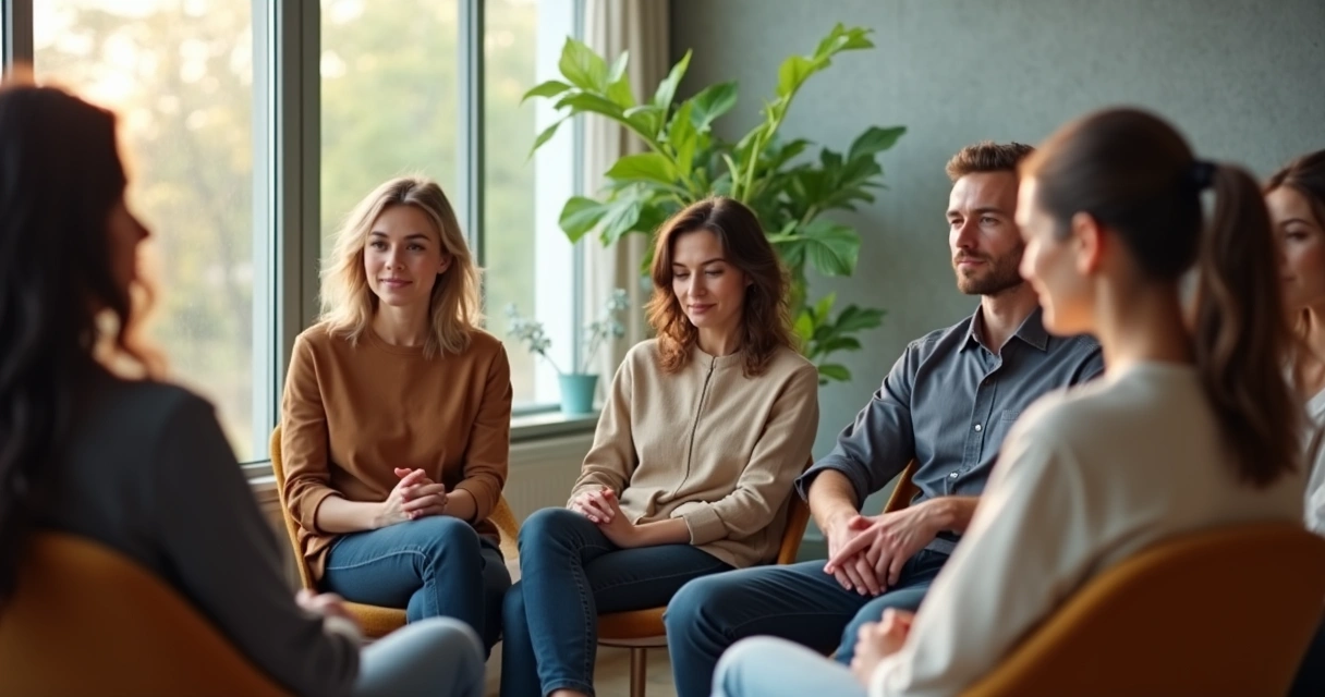 Equipe sentada em círculo em sala de reuniões durante momento de reflexão.