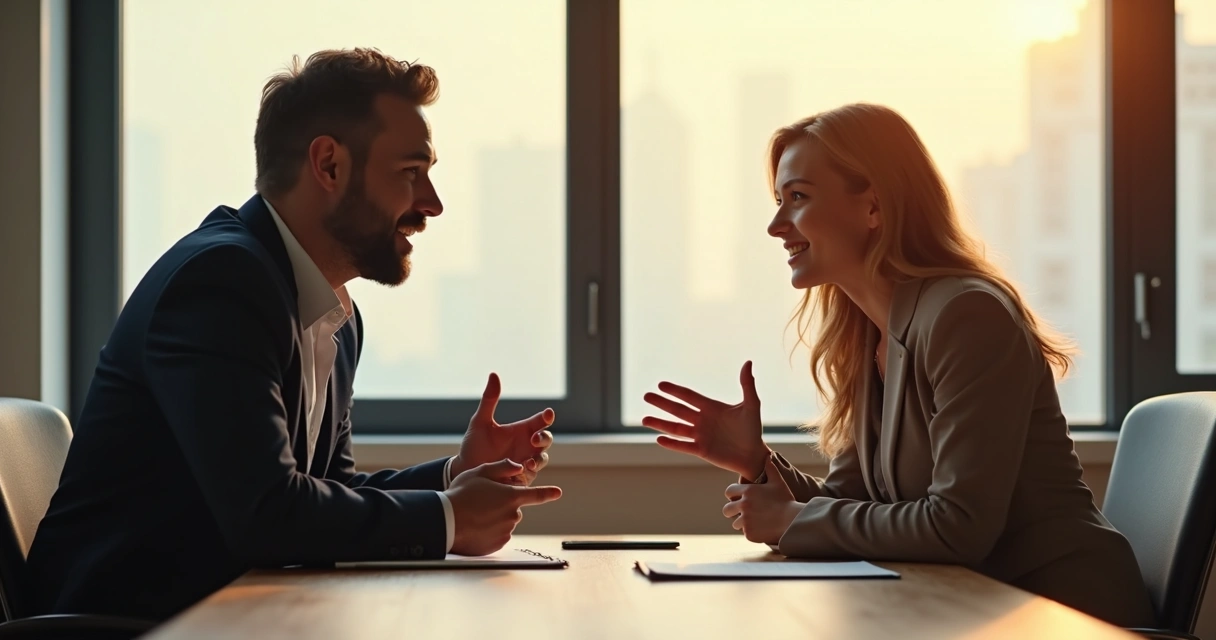 Dois colegas de trabalho sentados frente a frente, um ouvindo atentamente o outro, clima de empatia e presença 