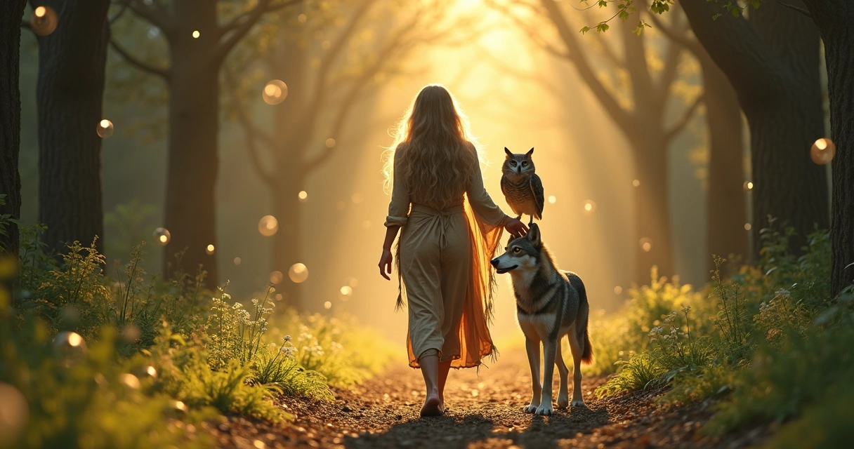 Encontro entre humano e animal espiritual na natureza 