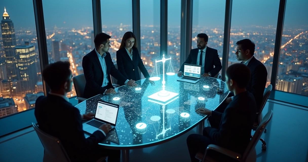 Executivos em sala de reunião global analisando balança de justiça digital 
