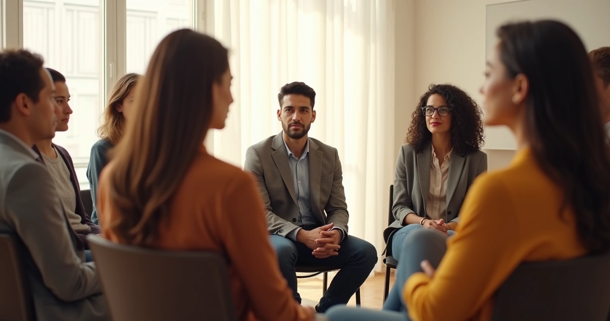 Grupo reunido discutindo em círculo, expressão de escuta e respeito