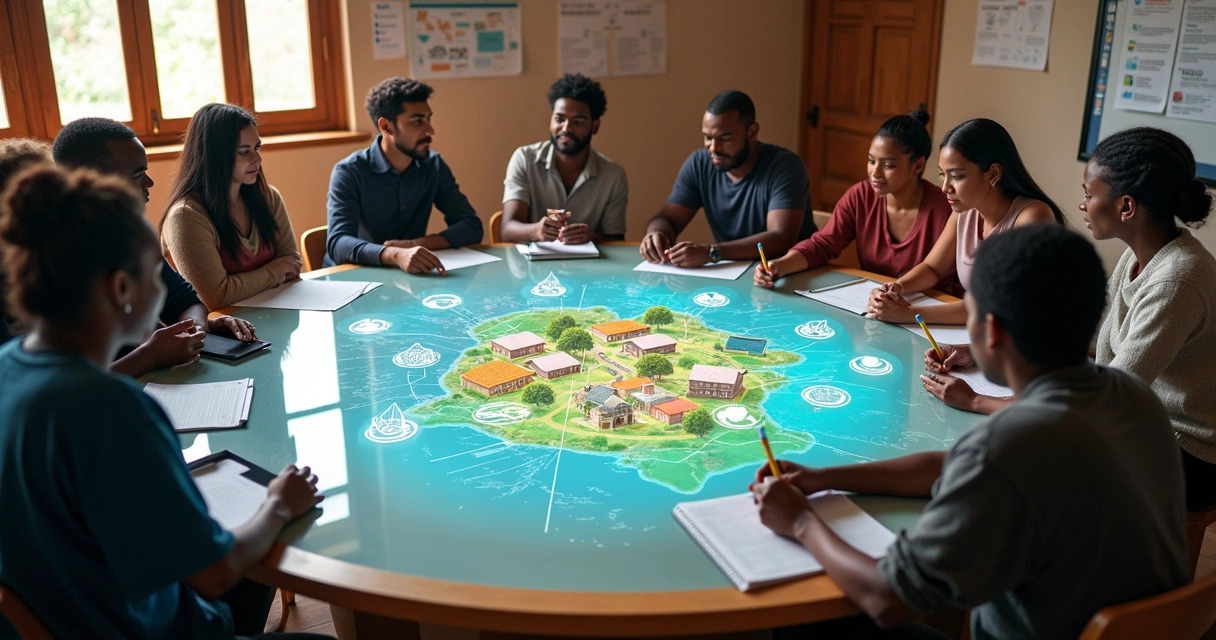 Mesa em formato de círculo com pessoas discutindo projeto social sobre planta baixa iluminada 