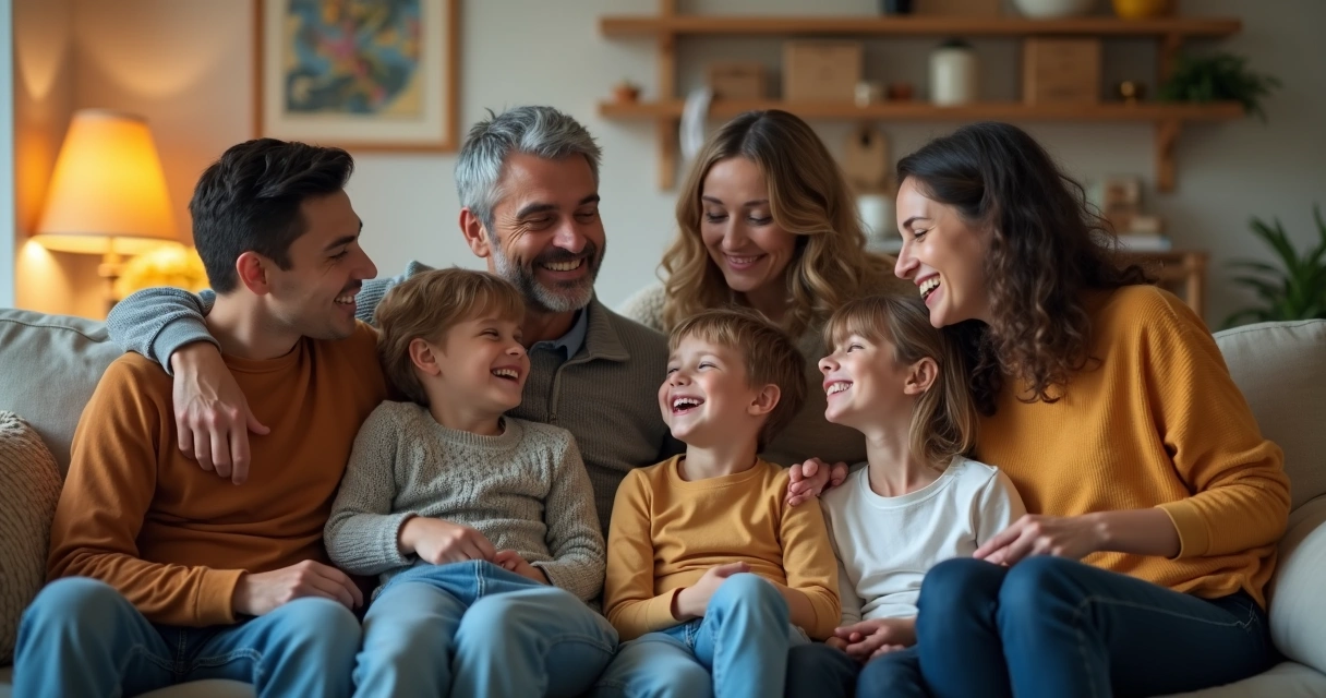 Família e amigos sorrindo sentados numa sala aconchegante