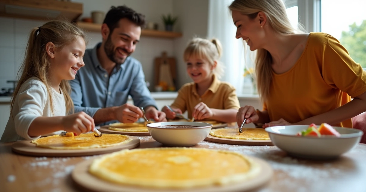 Família em reunião intimista preparando crepes juntos na mesa. 