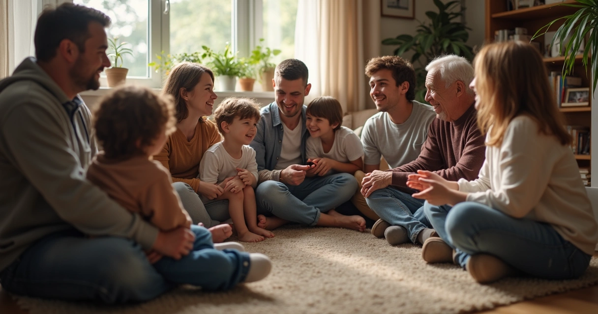 Família sentada em roda conversando de forma acolhedora 