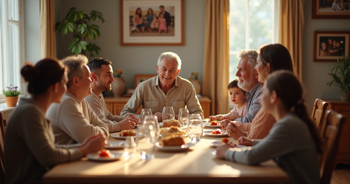 Reunião familiar com diferentes gerações em volta de uma mesa, algumas pessoas conversando alegremente enquanto outras observam em silêncio 